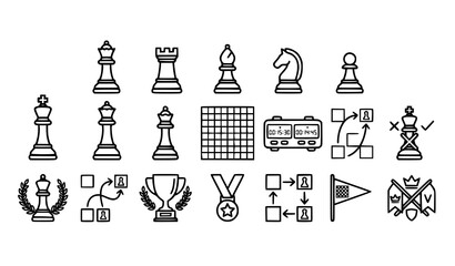Outline Chess Pieces and Strategy Icons Editable Vector Set © MD