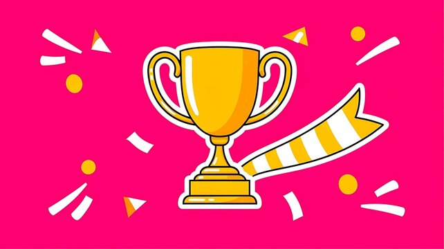 Golden trophy cup, award icon, celebration elements, pink background