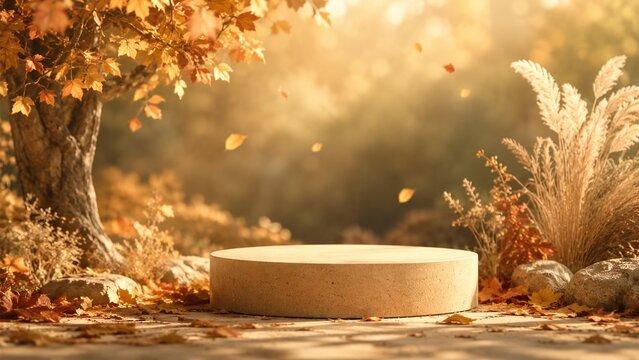 A Tranquil Autumn Scene Featuring a Circular Platform Surrounded by Lush Foliage and Golden Leaves in a Serene Nature Setting