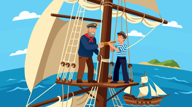 Wise mentor teaching eager young sailor navigation skills using classic telescope atop tall wooden mast on sailing ship with billowing sails open sea and distant islands under bright blue sky