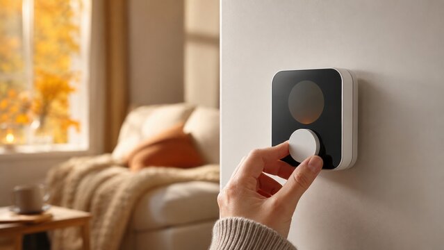 Modern Smart Thermostat Control: Adjusting Temperature Settings in Cozy Autumn Living Room with Natural Light and Comfortable Furnishings