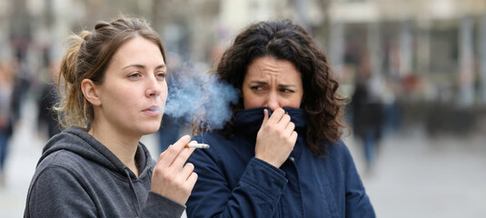 Fototapeta premium One woman stands smoking a cigarette on a busy street while another woman shows discomfort from the smoke. People walk by in the background during the day