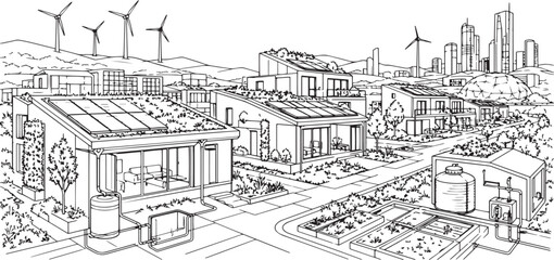 Fototapeta premium City landscape. Line urban backdrop, different buildings on street, doodle street draw, outline cityscape hand sketch, flat houses. Hand drawn vector illustration
