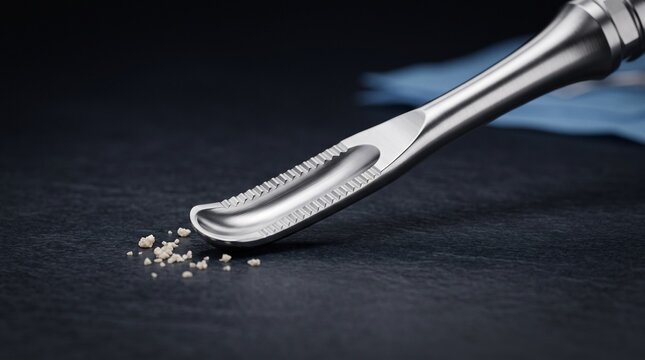  Close-up macro photograph of a polished stainless steel dental curette tip with a textured inner surface, scooping a small pile of tiny, bone grafting granules onto a dark, textured slate surface.