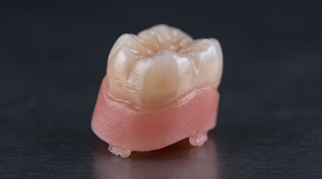  Macro studio photograph of a single, detailed dental crown made of porcelain-fused-to-metal (PFM), seated on a pink gum-colored resin analog, against a dark, reflective, bokeh background.