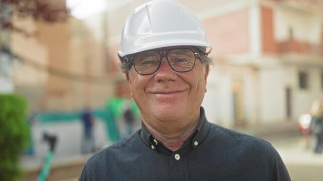 Man in hardhat and glasses smiles at building site wearing a dark button shirt and facing camera; pride experience reliability.