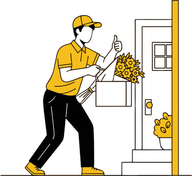 Flower delivery courier giving thumbs up at doorstep with bouquet and package, perfect for floral shop websites and marketing materials.