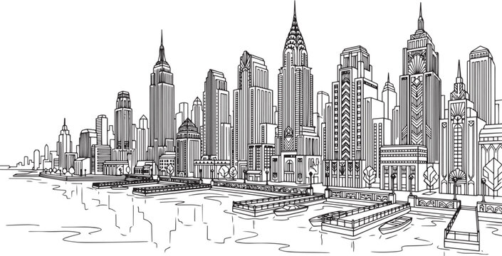 City landscape. Line urban backdrop, different buildings on street, doodle street draw, outline cityscape hand sketch, flat houses. Hand drawn vector illustration