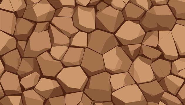 A seamless vector background illustration featuring a stylized brown stone wall texture with geometric rock pieces and dark cracks, suitable for game environment design or abstract graphic patterns.