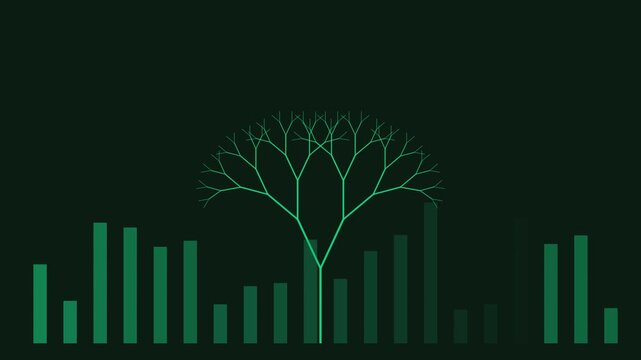 Abstract fractal tree growth with digital bar graph data visualization for business growth and financial analytics concept animation 4k