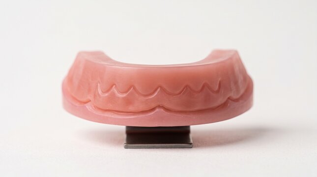 Dental laboratory model of a lower arch made from white stone featuring a custom pink wax bite rim securely mounted on a plastic articulator base for accurate occlusal registration and denture fabrica