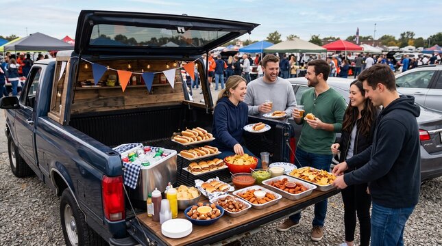 Friends enjoy tailgate party with food and drinks from pickup truck bed at outdoor event