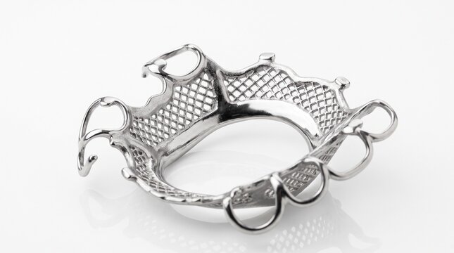 High quality studio view of a highly polished chrome cobalt metal framework for a removable maxillary partial denture, showcasing intricate clasps, major connector, and mesh retention areas on a white