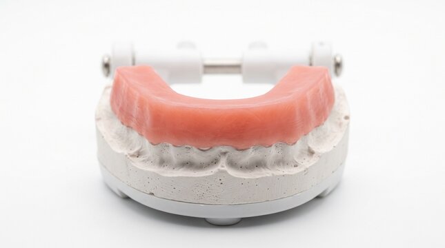  Detailed angled perspective of a custom cast metal framework for a removable upper partial denture, highlighting the precision engineering of the major connector, retentive clasps, and acrylic resin 