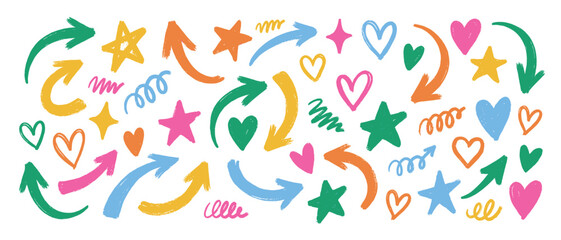 Fototapeta premium Arrow Star Heart Doodle Hand Drawn Scribble Elements Set Colorful Vector Illustration 