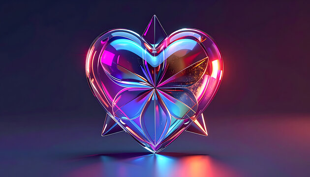 Geometric crystal heart with sharp edges and facets, glowing with vibrant neon pink and blue light, luxury abstract symbol