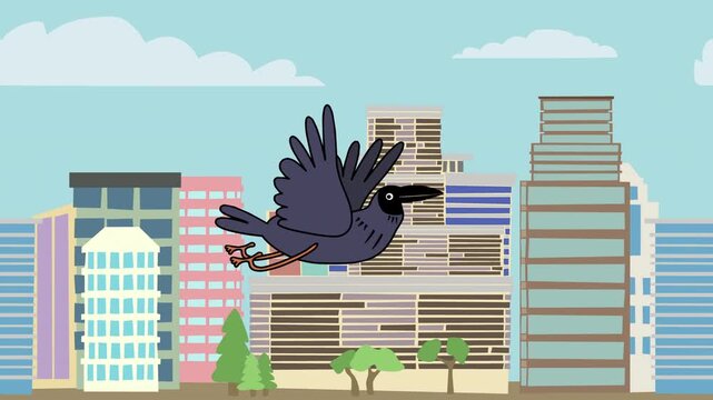 Crow flying in the city - hand drawn cartoon animation.