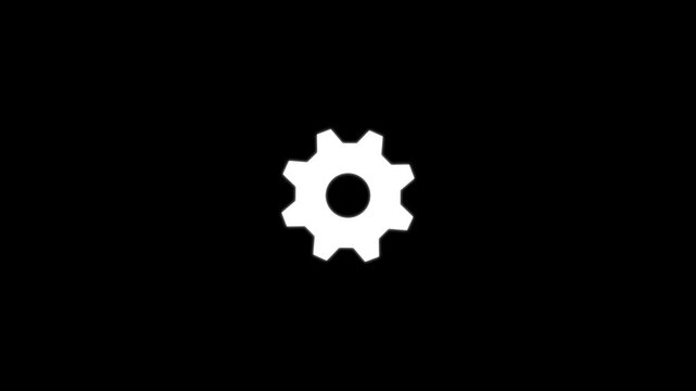 Rotating gear animation on black background, minimalist industrial cog symbol for tech and engineering concepts