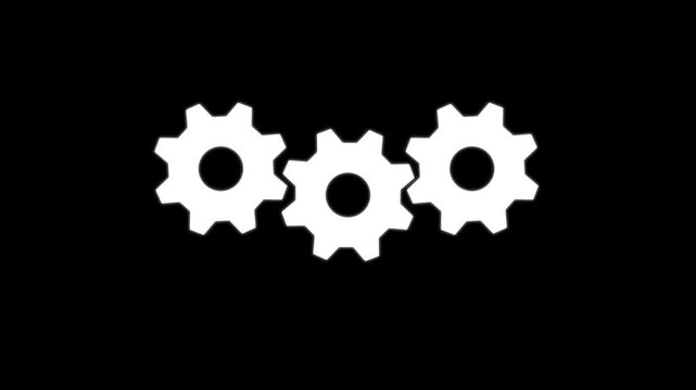 Rotating white gear cogs animation on black background, for industrial engineering, and business process concepts