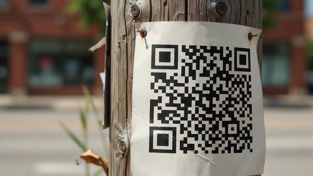 Large QR code on a flyer pinned to a wooden utility pole on a city street