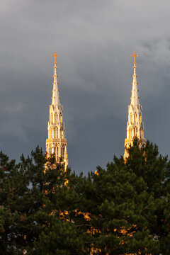 Notre-Dame Cathedral Basilica silver spires during sunset in Ottawa, Canada