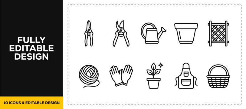 flat vector illustration line art icon bundle set design showcasing gardening tools plant pots watering cans pruning scissors and outdoor botanical elements graphics UI