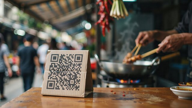 Cardboard QR Code Stand on Wooden Table at Asian Street Food Market