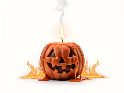 Melted jack o lantern with candle burning on top melting wax Halloween decoration