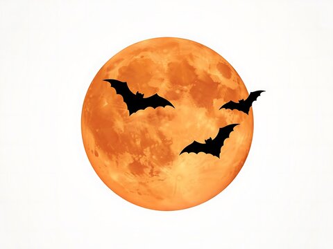 Orange full moon with three black bats flying around it at night