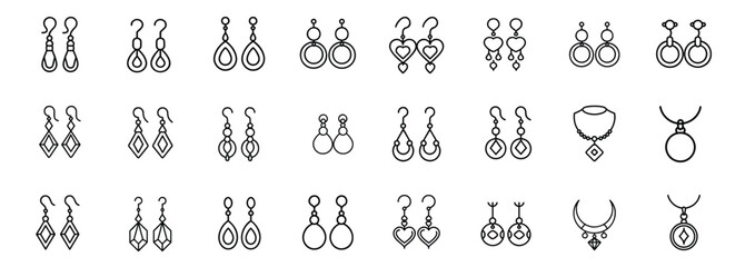 Jewelry fashion earrings line icons set with drop pendant necklace, luxury crystal studs, elegant hoop dangles, charm choker & more vector illustration with editable stroke. © Purnorup Dream IT 