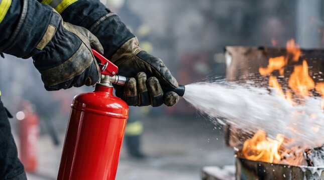 A firefighter uses a fire extinguisher to put out flames from a container during a safety drill at the fire station. The scene shows action and focus in training