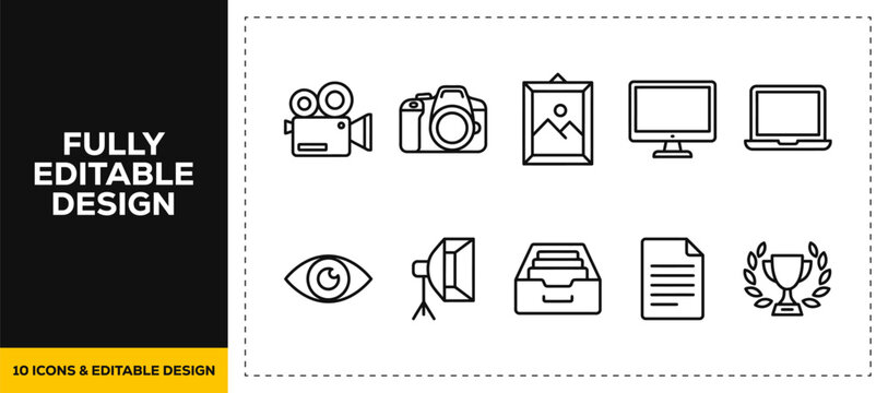 flat vector illustration line art icon bundle set design representing multimedia photography digital cameras creative workspace laptop screens and visual media graphics UI