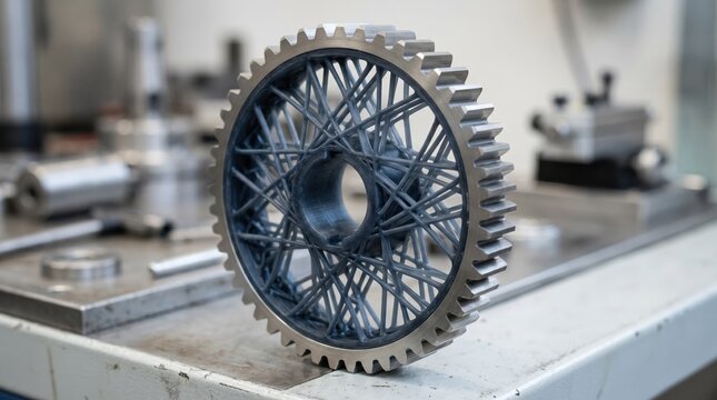 Medium shot of a polymer web composite gear prototype showcasing its intricate weblike polymer structure combined with metal for flexibility and durability in innovative drives.