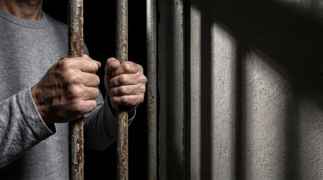 Faceless man hands gripping rusty metal bars in prison. Prisoner holding iron cage in detention facility seeking freedom. Punishment, arrest and Imprisonment conceptual. Liability for crime copy-space