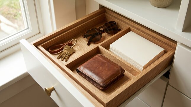 Open entry table drawer organized with sunglasses keys wallet and a stack of blank paper