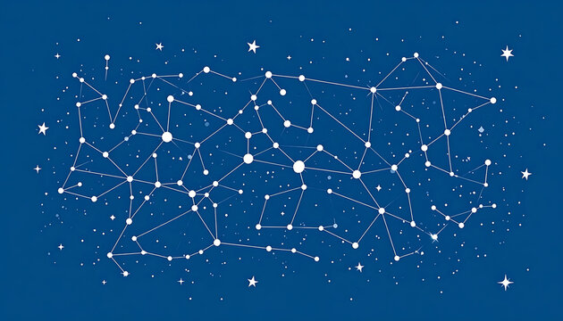 Interconnected star map or constellation network on dark blue background, digital pattern
