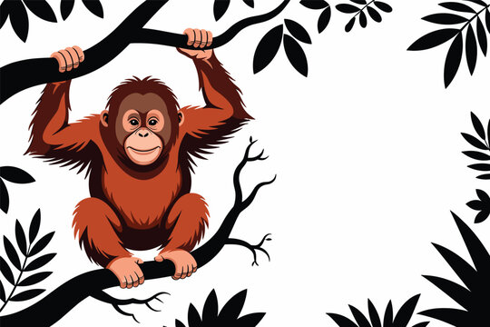 Cute fluffy brown orangutan monkey hanging happily from a wild jungle tree branch artwork graphics, wildlife animal concept
