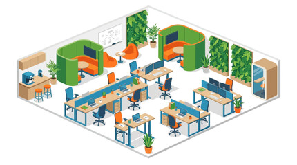Fototapeta premium Modern Open-Plan Office Workspace with Green Plant Partitions and Working Desks