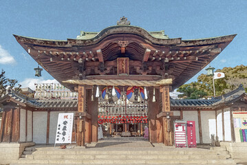 Obraz premium 播磨国総社 射楯兵主神社の壮麗な総社御門（神門）と境内の風景/Scenic View of the Magnificent Sosha-Gomon Gate and Grounds of Itatehyozu Shrine (Sosha of Harima Province)