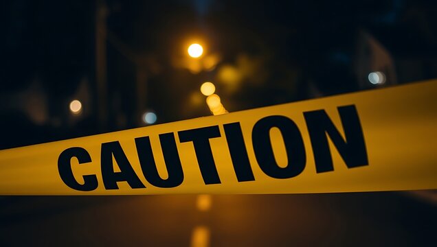 Yellow Caution Tape Stretched Across Dark Night Street With Blurred Lights warning danger