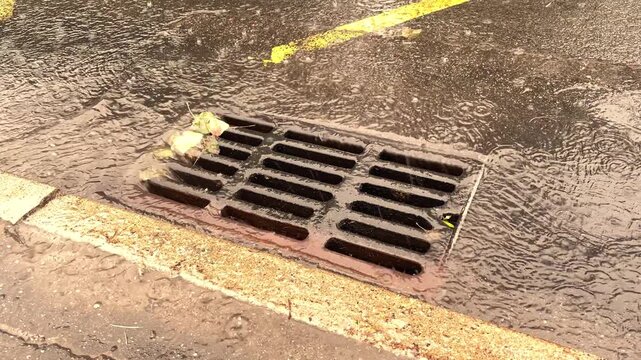 Rainwater flowing into a storm drain grate on an asphalt street with curb