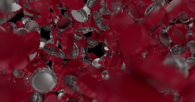 Red and metallic bottle caps fall and fill the screen, creating a bold industrial product animation. Includes 4K resolution with alpha channel.