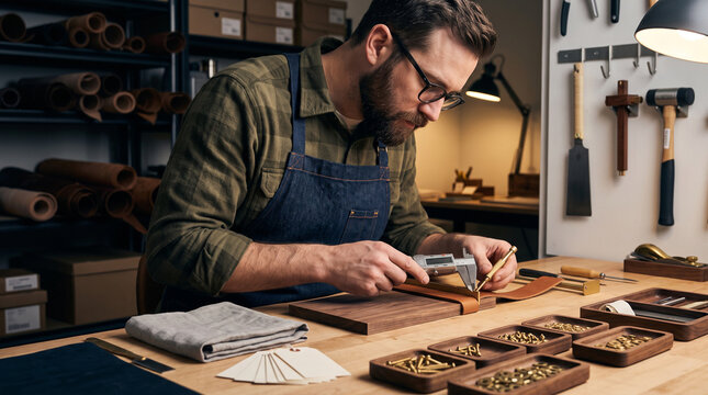 Product Maker Checking Prototype Fit At Premium Craft Assembly Table