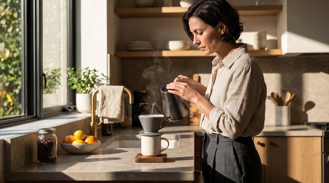 Sunlit Linen Coffee Ritual in Stone Kitchen Interior