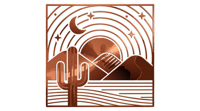 Elegant metallic copper foil texture with warm reflective sheen intricate laser cut desert landscape cactus mountains moon stars geometric pattern shiny reflective surface modern decorative art