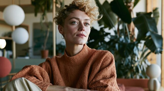 Portrait of a young woman with curly blonde hair. she is sitting on a couch with her arms crossed and is looking off to the side with a thoughtful expression on her face.