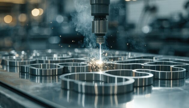 Stainless steel sheet metal components being precisely lasercut and arranged on a large table showcasing modern manufacturing with smooth reflective surfaces.