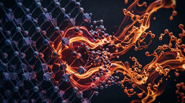 Abstract molecular structure interacting with fiery energy waves