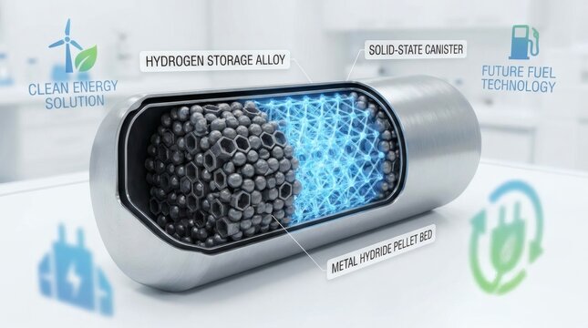 Cross section of a solid state hydrogen storage canister with metal hydride pellet bed