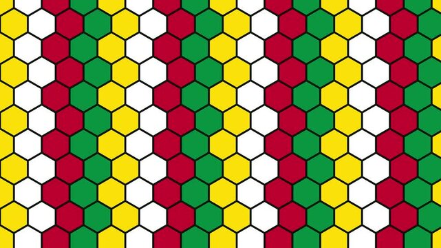 Animated geometric pattern animation 4k background, with red, green, yellow, and white, hexagons motion